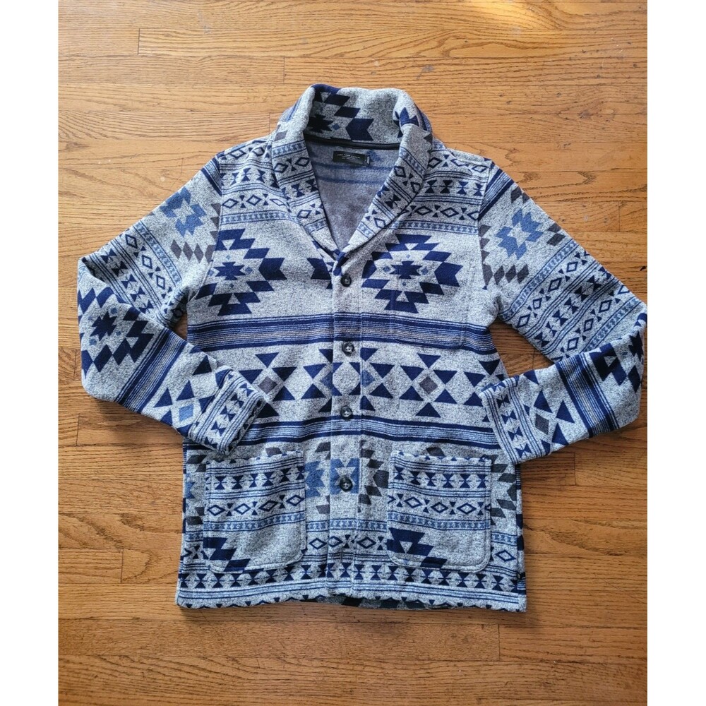 Junk Food Clothing Mens Blue Aztec Print Shawl Cardigan Sweater Size Large